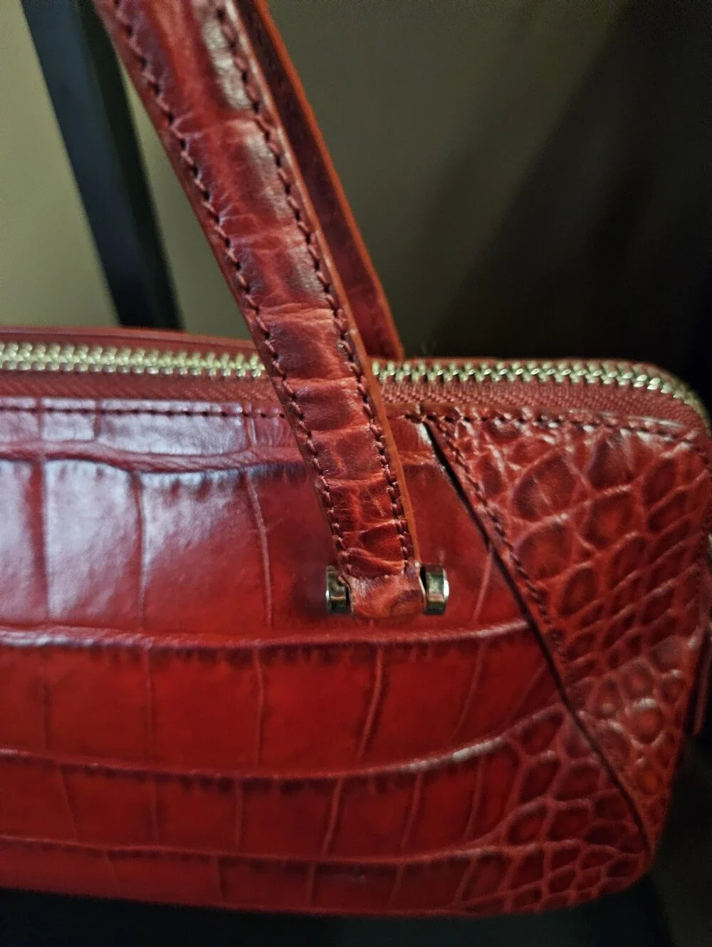 Vintage Monsac Croc-Embossed Italian Leather Baguette Handbag- Cherry Red - Picture 11 of 12